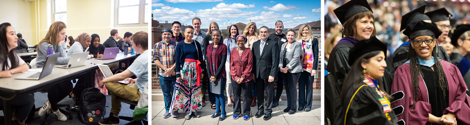 3 images left to right: group of undergraduate students in a classroom, Dean Michael C. Rodriguez standing with group of students, and CEHD commencement