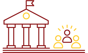 line drawing interpretation of Norhtrup Hall with classical columns and three generic figures standing to the right, one of which is slightly elevated than the other two.